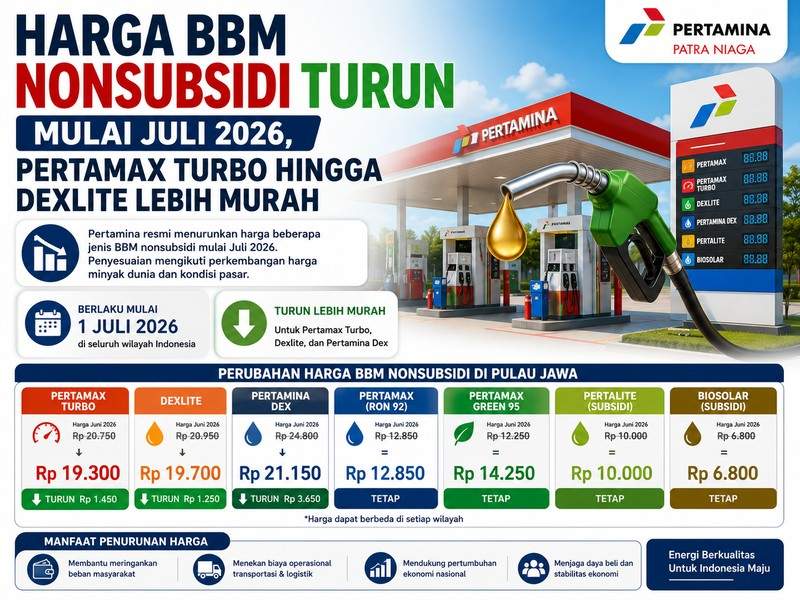 Harga BBM Nonsubsidi Turun Mulai Juli 2026, Pertamax Turbo hingga Dexlite Lebih Murah
