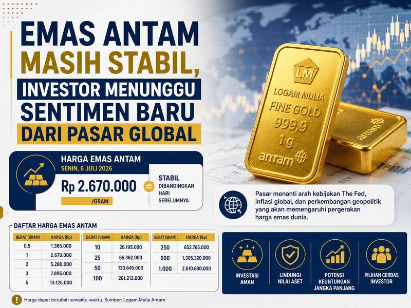 Harga Emas Antam Masih Bertahan di Rp2,67 Juta per Gram, Investor Tunggu Arah Pasar