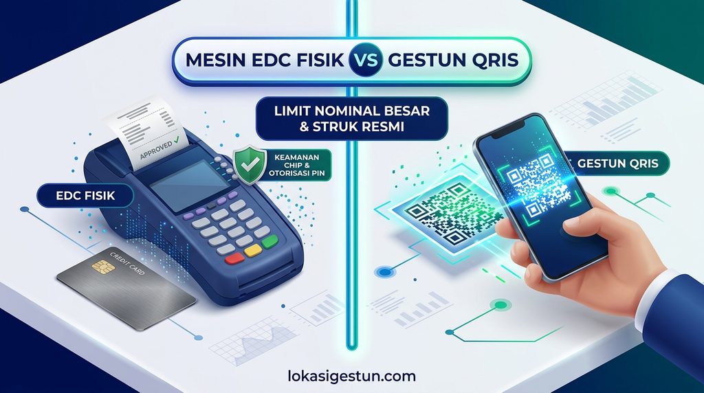Infografis perbandingan gestun kartu kredit via mesin EDC fisik vs gestun QRIS dengan batasan limit nominal cetak struk resmi dan keamanan otorisasi PIN di direktori terpercaya lokasigestun.com