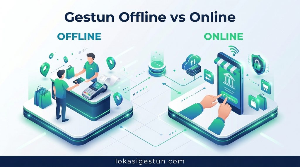 Infografis perbandingan gestun offline mesin EDC vs gestun online terpercaya di LokasiGestun