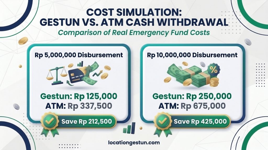 Infografis simulasi perbandingan biaya gestun kartu kredit vs tarik tunai ATM di LokasiGestun
